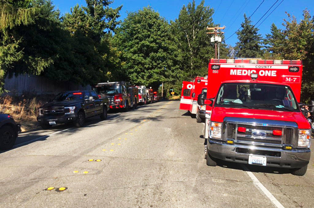 Police, fire and medics respond to a shooting Aug. 11 at Garrison Creek Park, 9615 S. 218th St., in Kent. COURTESY PHOTO, Puget Sound Fire