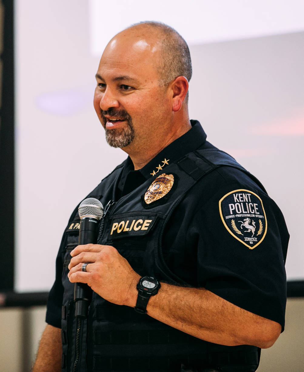 Kent Police Chief Rafael Padilla speaks about police reform at an Aug. 16 town hall meeting at the Kent Senior Activity Center. COURTESY PHOTO, City of Kent