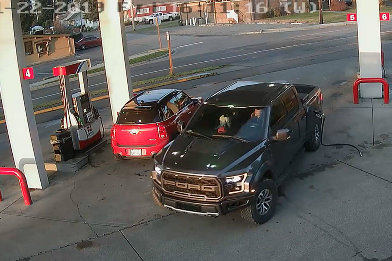 This security footage at the Cenex gas station in Black Diamond shows Anthony Chilcott on his phone before entering, and driving off with, Carl Sanders’ Ford Raptor and Monkey, his poodle, in the front seat.
