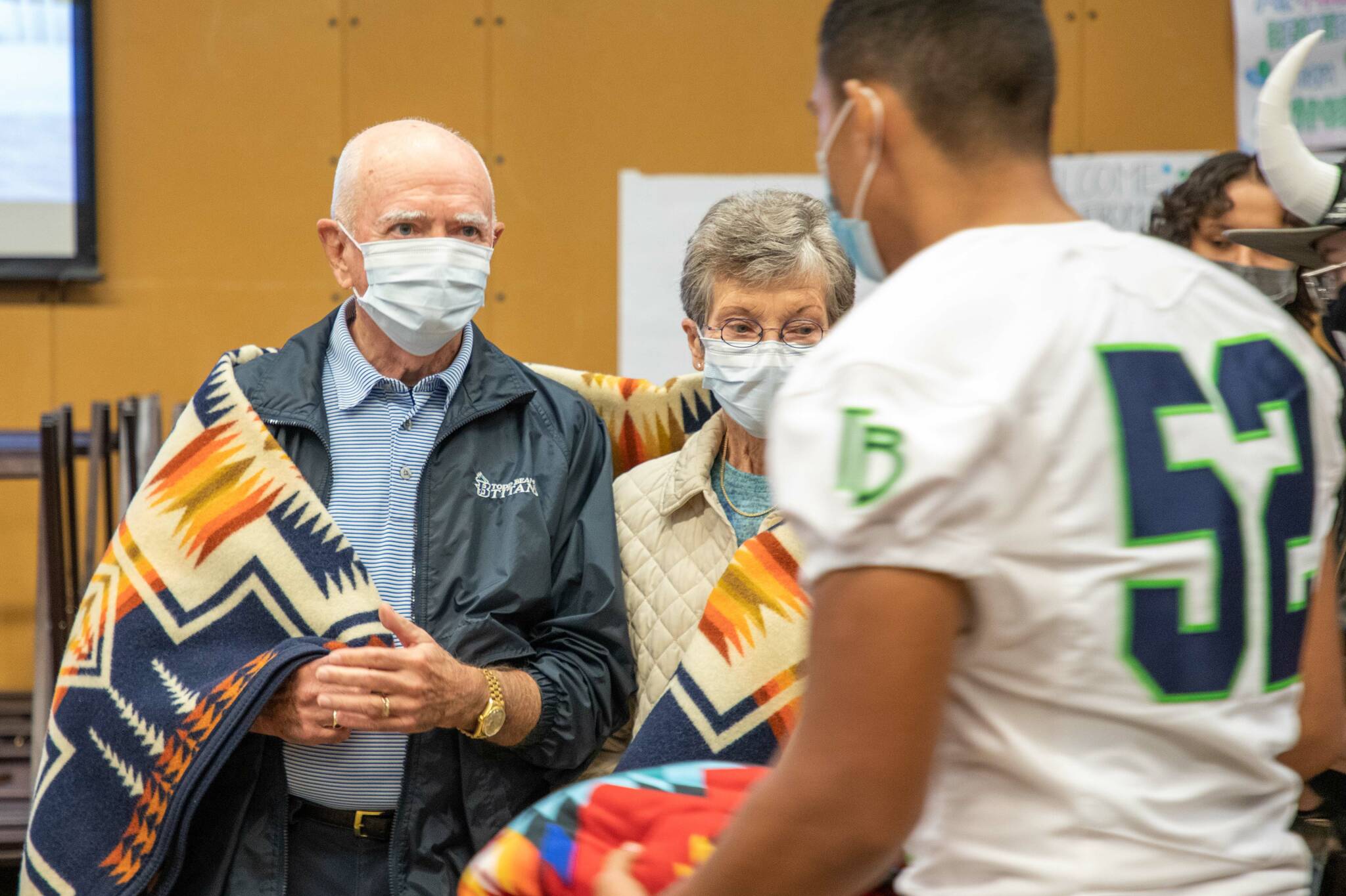 David and Peggy Beamer visited Todd Beamer High School, named after their son Todd Beamer, on Sept. 10. The Beamers were given a traditional blanket by the Native Education Program, a bereavement practice honoring mourning and moving forward. Photo courtesy of Federal Way Public Schools