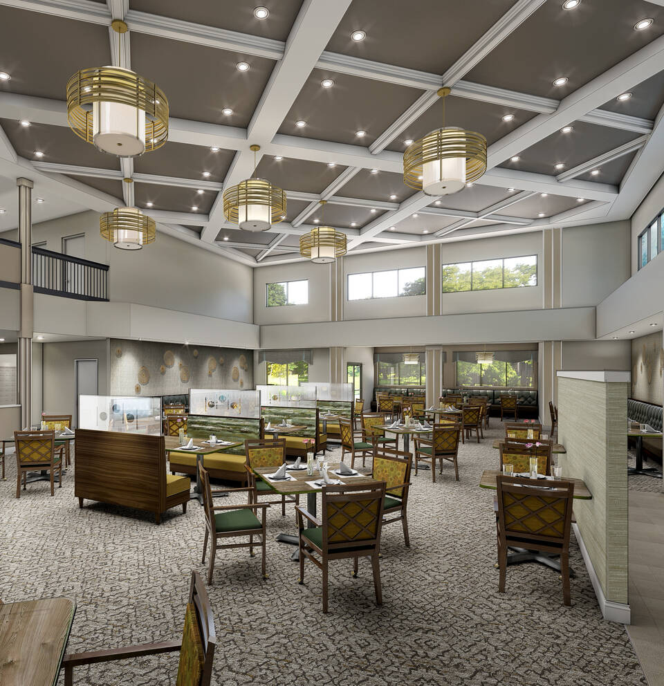 The spectacular dining room in Cadence at Kent-Meridian offers more than just anytime dining — cuisine is expertly prepared, delicious and nourishing.