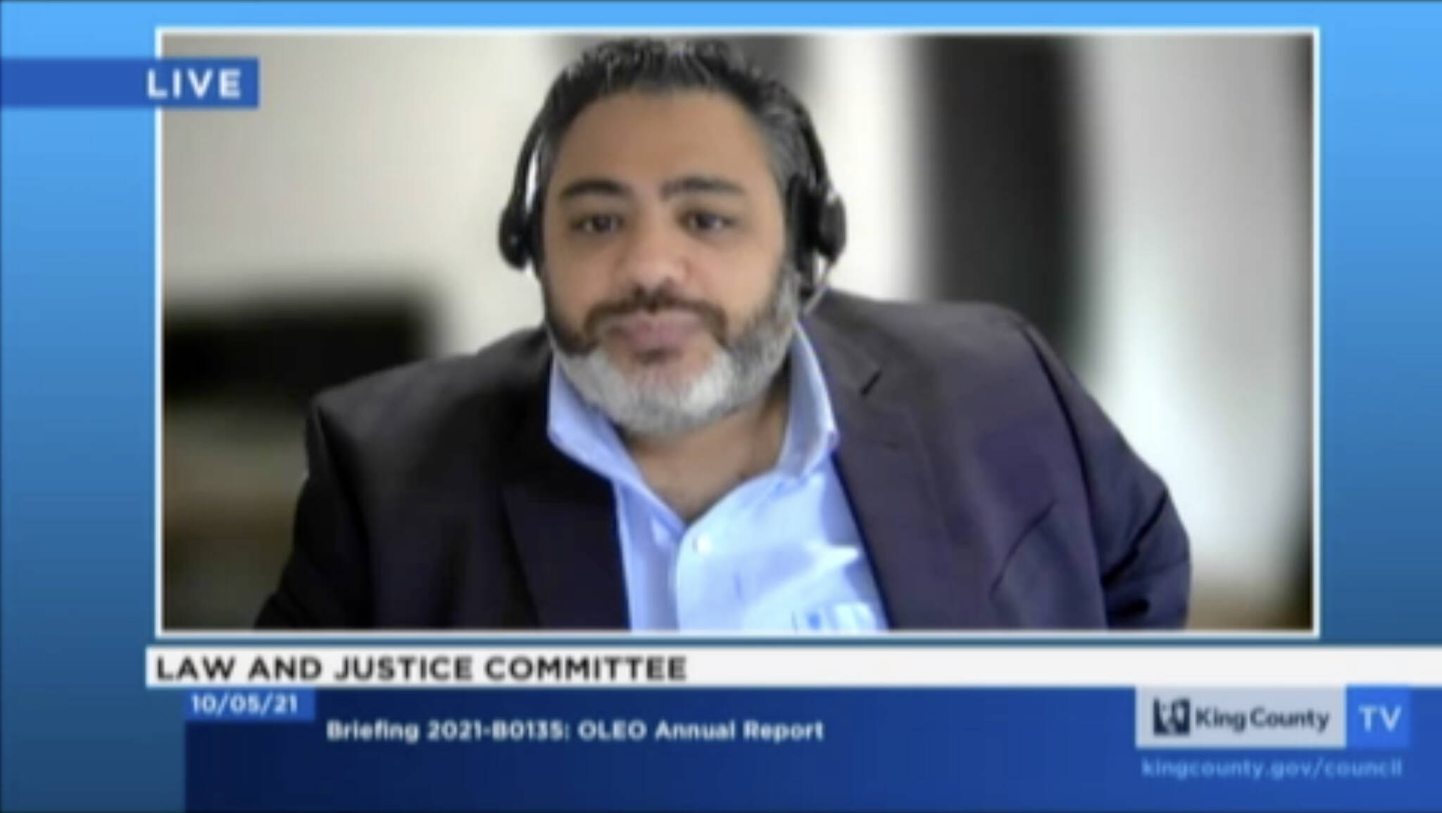 King County Office of Law Enforcement Oversight (OLEO) Director Tamer Abouzeid presents OLEO’s annual report to the King County Council Law and Justice Committee on Tuesday, Oct. 5. (Screenshot)