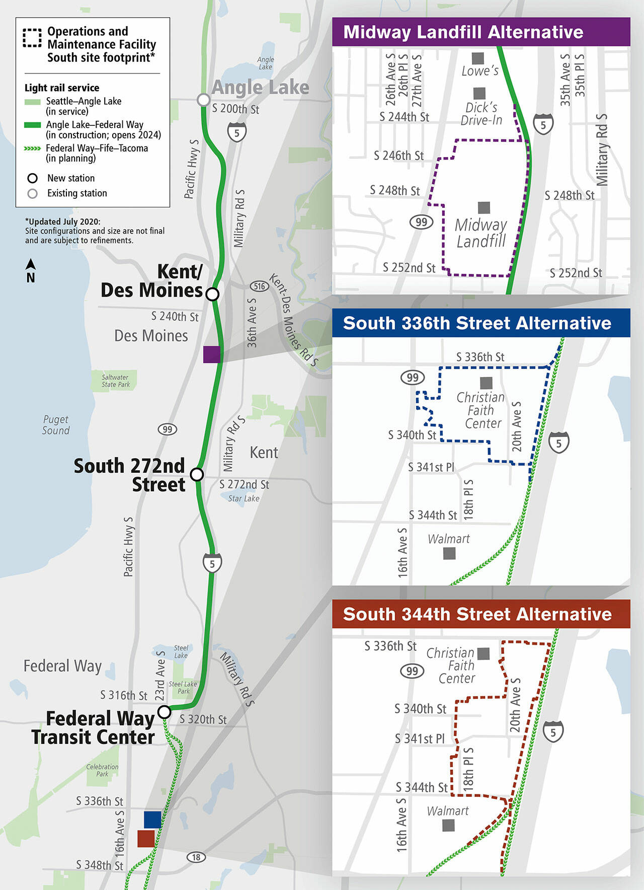 The site in Kent and two sites in Federal Way under consideration by Sound Transit to build a new Operations and Maintenance Facility for light rail vehicles. COURTESY GRAPHIC, Sound Transit