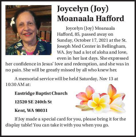 Joycelyn (Joy) Moanaala Hafford | Obituary