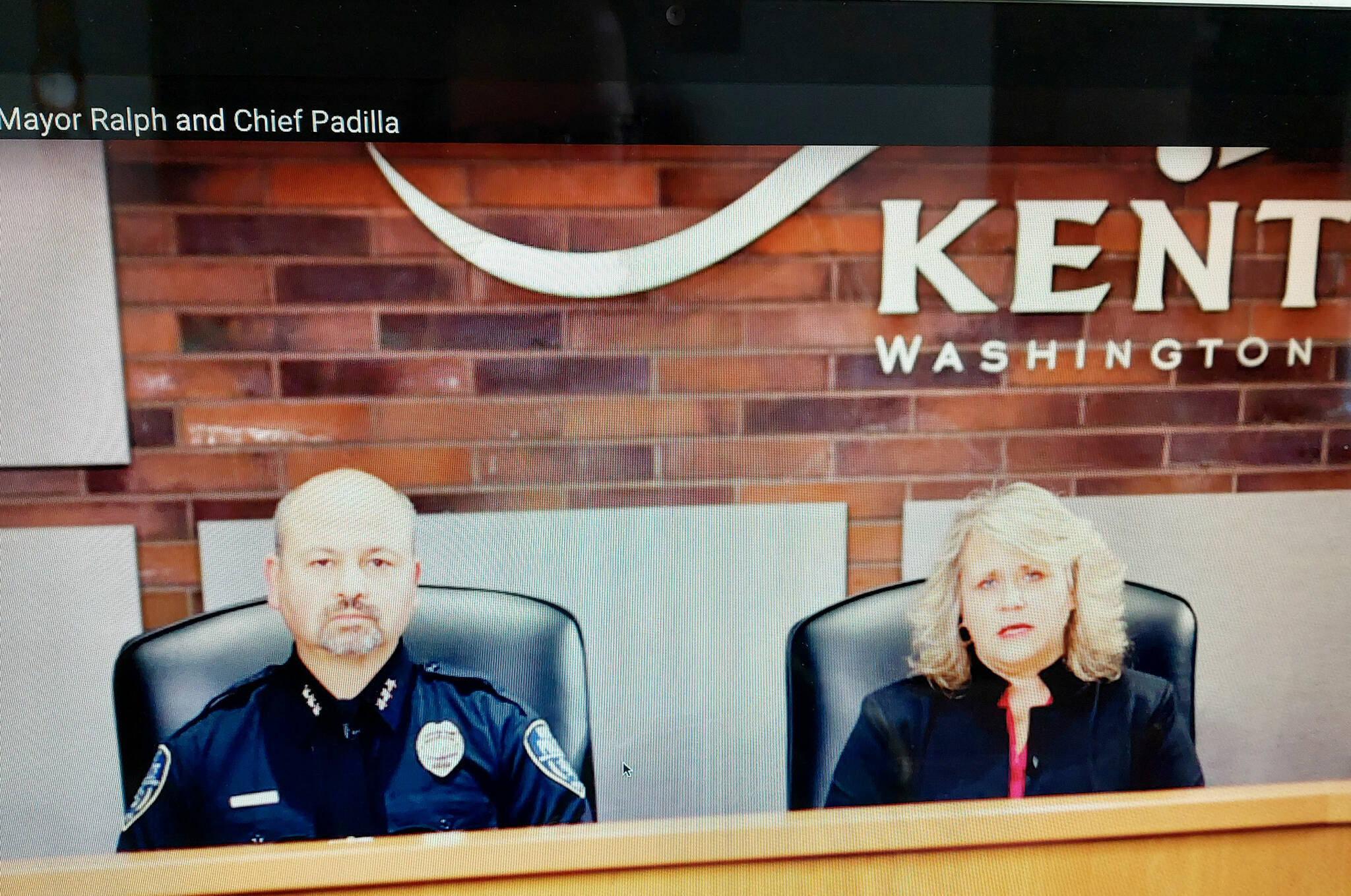 Kent Police Chief Rafael Padilla and Mayor Dana Ralph released a statement and video Jan. 7 about Assistant Chief Derek Kammerzell and his posting of a Nazi symbol on his office door. SCREENSHOT PHOTO/City of Kent video