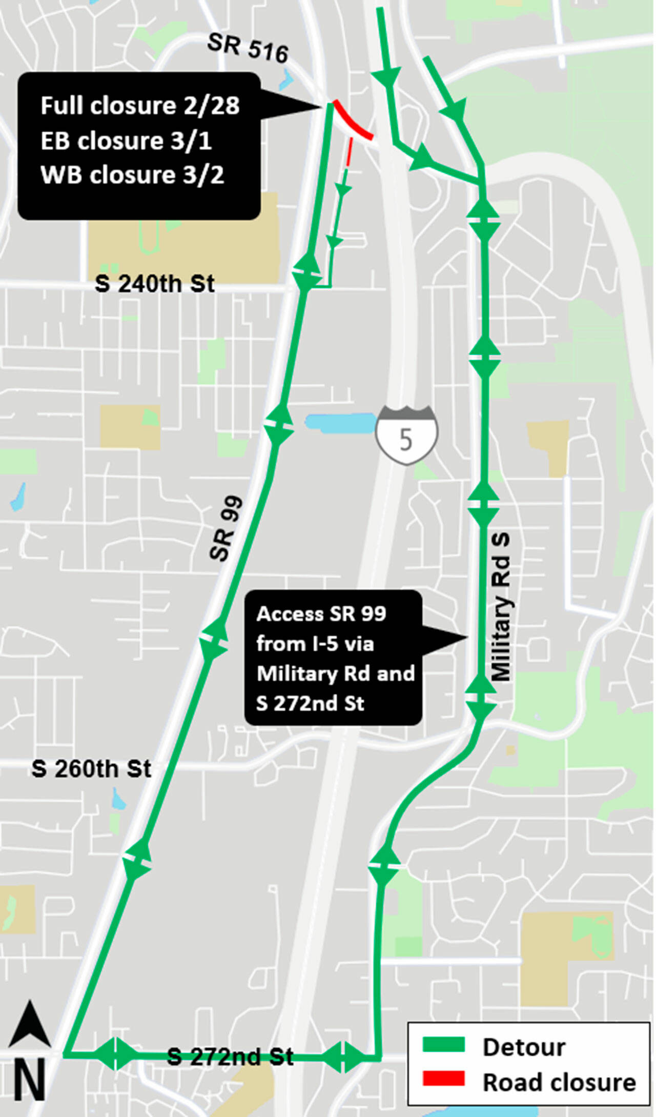 Sound Transit will close both lanes of State Route 516 (aka Kent Des Moines Road) from I-5 to SR 99 (aka Pacific Highway South) on the night of Feb. 28 for light rail bridge deck construction and close one lane on the nights of March 1 and 2. COURTESY GRAPHIC, Sound Transit