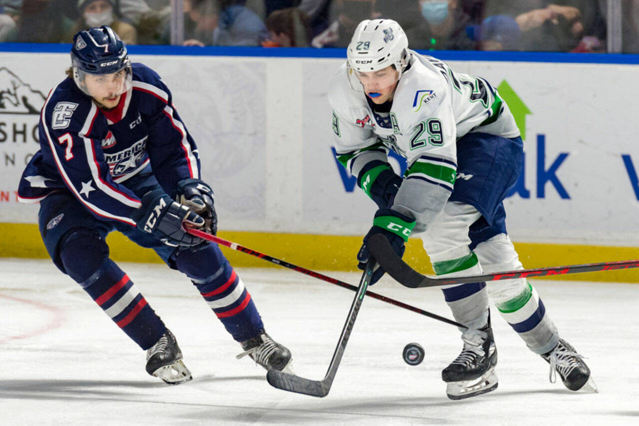 Jared Davidson, right, leads the Seattle Thunderbirds in scoring this season. COURTESY PHOTO, Brian Liesse, Seattle Thunderbirds