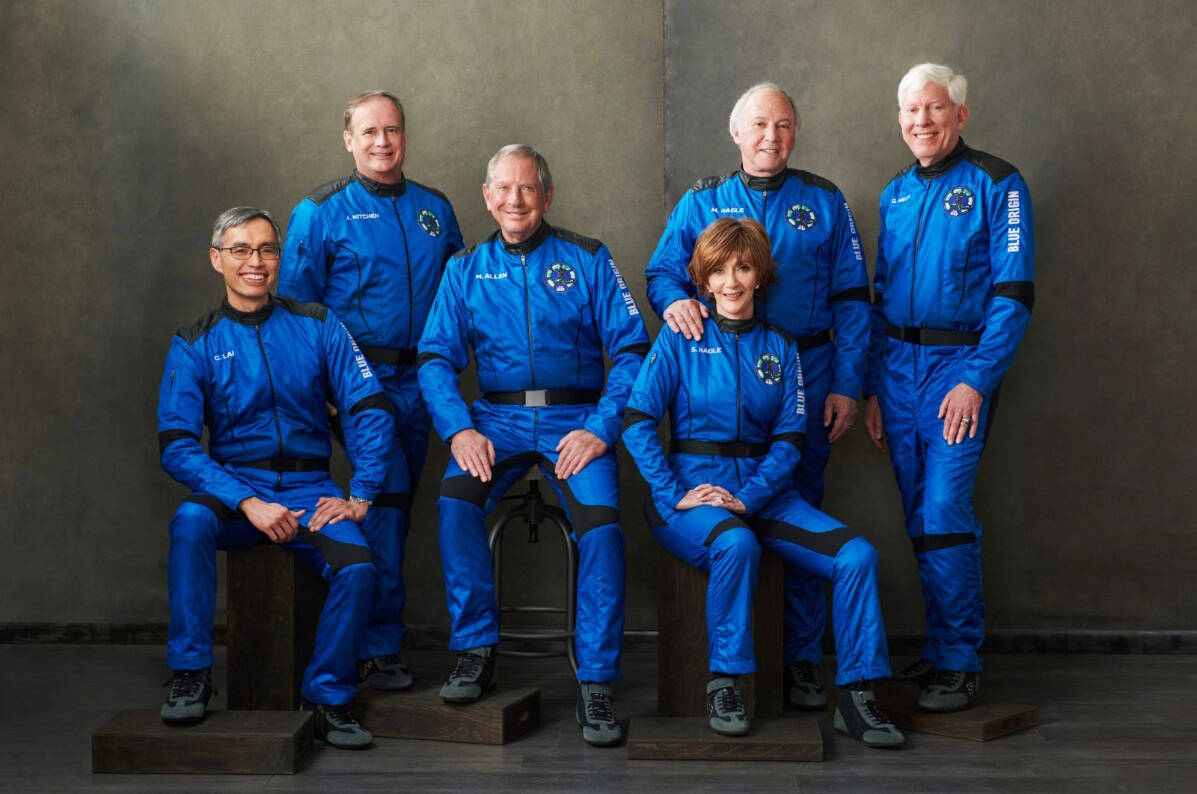 The crew of New Shepard NS-20. Pictured from left to right: Gary Lai, Jim Kitchen, Marty Allen, Sharon Hagle, Marc Hagle and George Nield. COURTESY PHOTO, Blue Origin