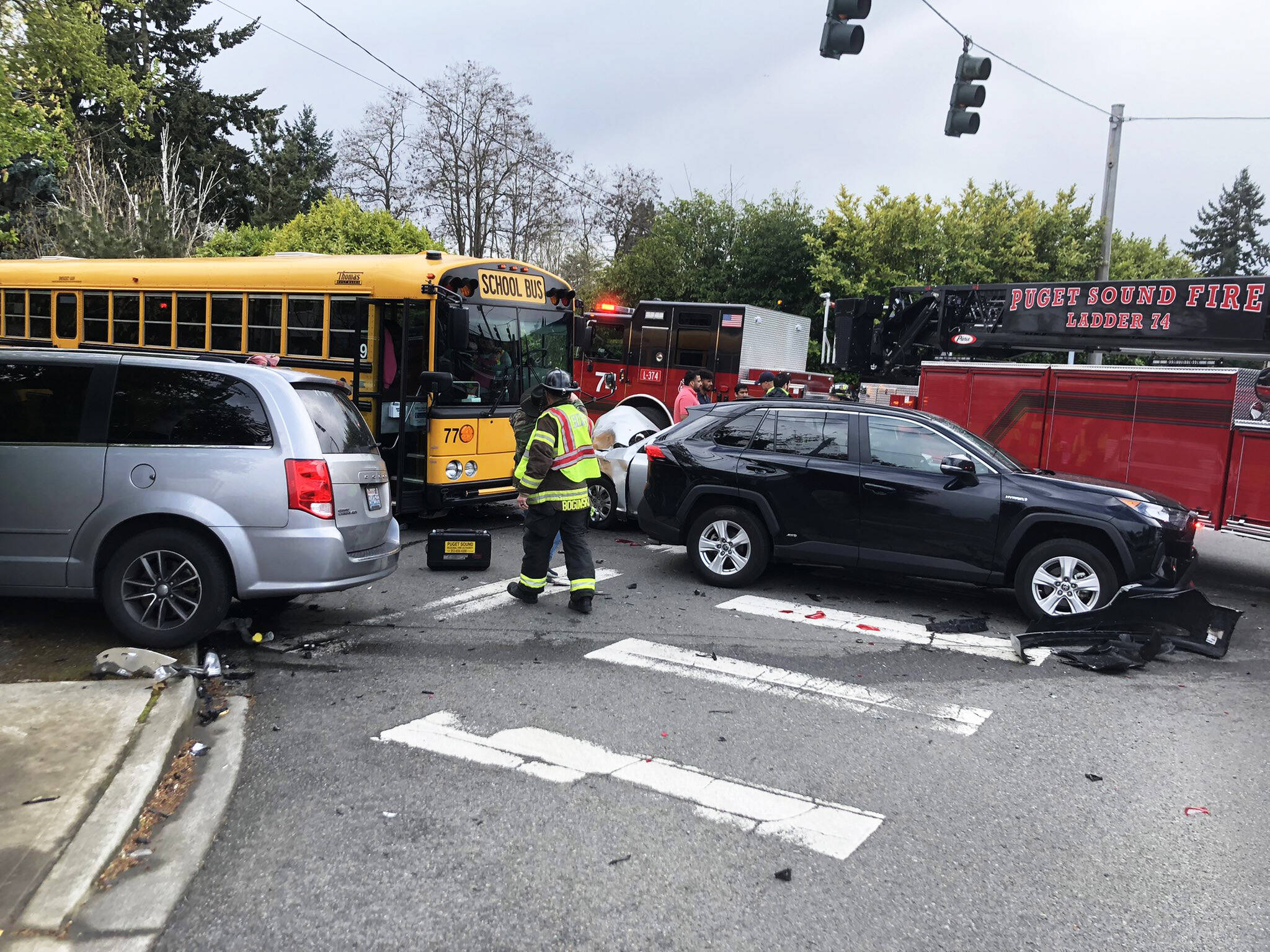 A school bus and three other vehicles were involved in a crash Friday afternoon, April 8 in the 9400 block of South 240th Street. There were no injuries. COURTESY PHOTO, Puget Sound Fire