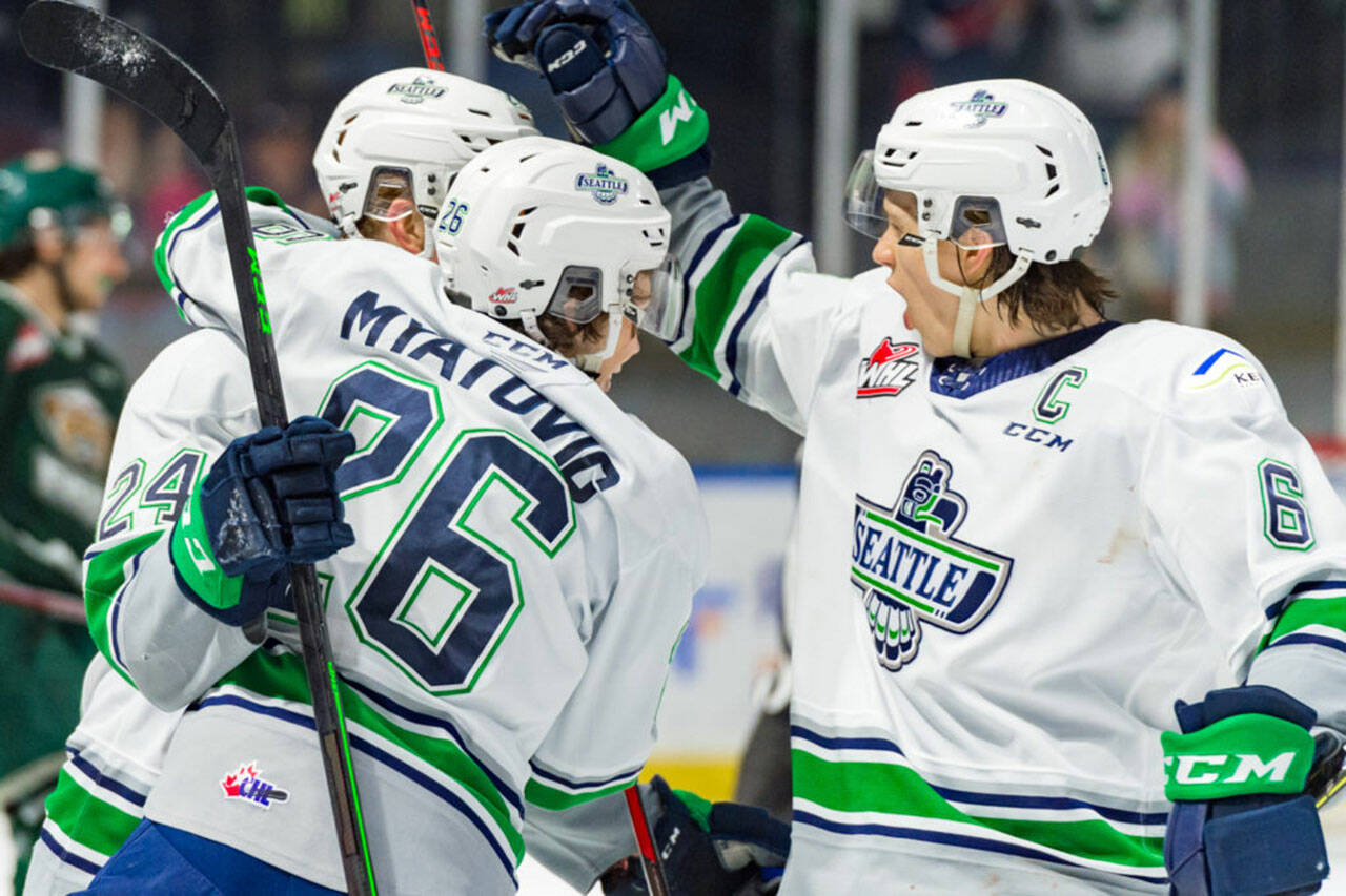 Reid Schaefer, Nico Myatovic, Tyrel Bauer and the rest of the Seattle Thunderbirds will open the Western Hockey League playoffs Friday, April 22 against the Kelowna Rockets at the accesso ShoWare Center. COURTESY PHOTO, Brian Liesse, Seattle Thunderbirds