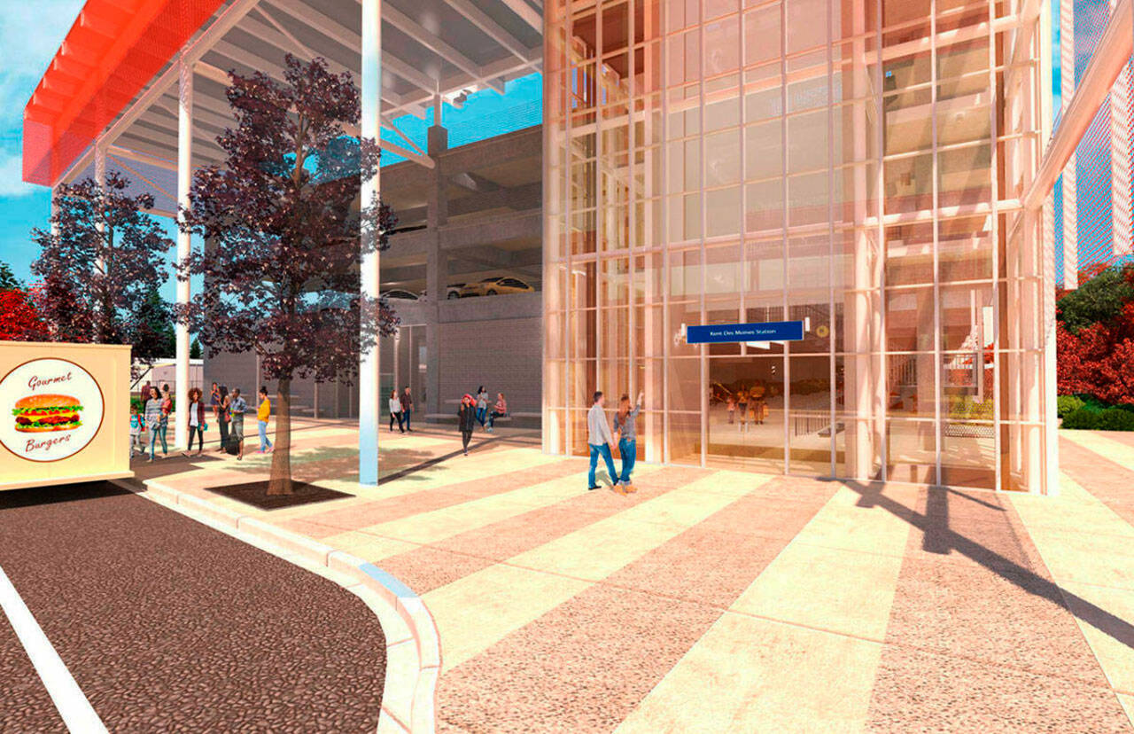 A rendering of a new light rail station in Kent, just south of Kent Des Moines Road and east of Pacific Highway South. COURTESY IMAGE, Sound Transit