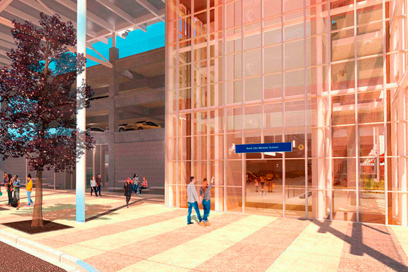 A rendering of the light rail station to open in 2024 in Kent near Pacific Highway South and 30th Avenue South. COURTESY IMAGE, Sound Transit
