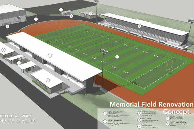 Early design renderings of Federal Way Memorial Stadium renovations (Screenshot from March 22 school board presentation)