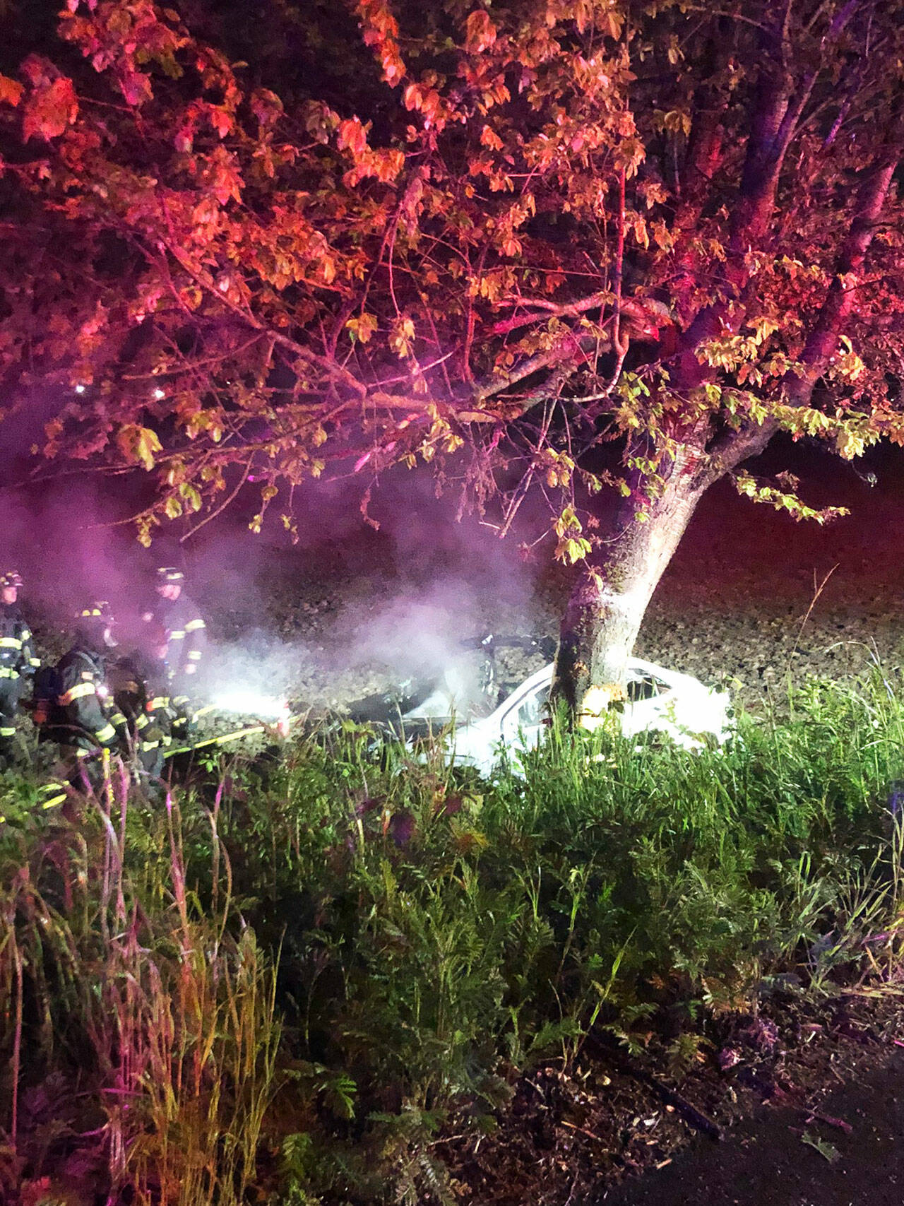 A person was killed when a car went off the road and crashed into a tree at about 3:19 a.m. Thursday, May 12 on the East Valley Highway near South 277th Street. COURTESY PHOTO, Puget Sound Fire