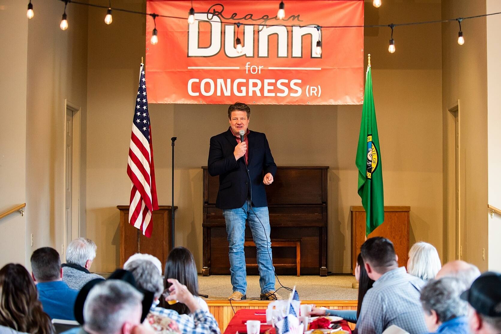 King County Councilmember Reagan Dunn, who is running for U.S. Congress in the 8th District, speaks to supporters in March. Photo courtesy of Dunn’s Facebook campaign page