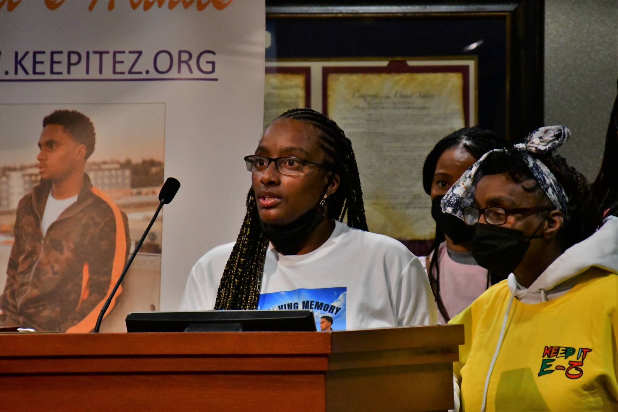 Selena Taylor, left, and Betty Taylor speak at the June 7 Federal Way City Council meeting about Ezra Taylor, who was fatally shot in Sept. 2021. Photo courtesy of Bruce Honda