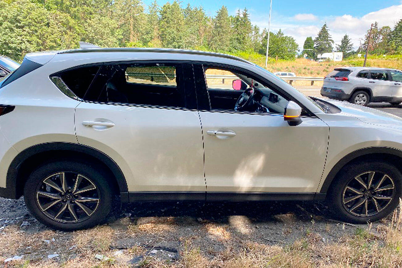 Someone fired a pellet gun at this Mazda CX-5 on Wednesday morning, July 13 along northbound Interstate 5 near South 200th Street. COURTESY PHOTO, Washington State Patrol