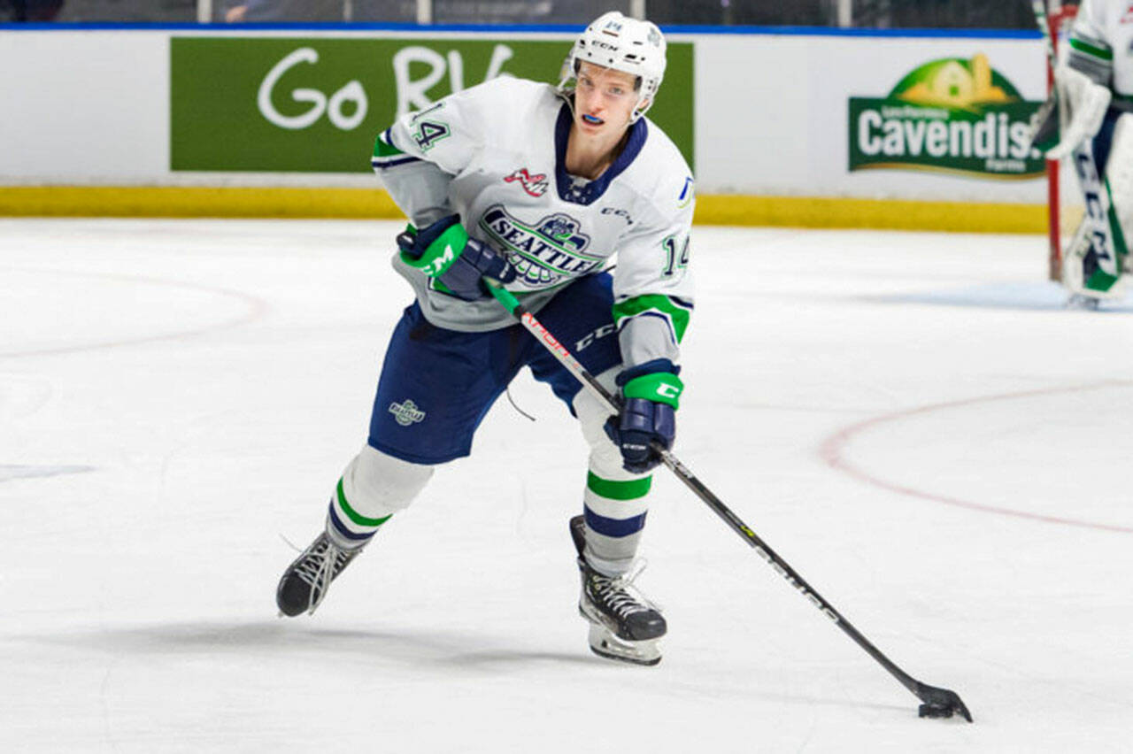 Seattle Thunderbirds defenseman Kevin Korchinski signed a three-year entry level contract with the Chicago Blackhawks. COURTESY PHOTO, Brian Liesse/Seattle Thunderbirds