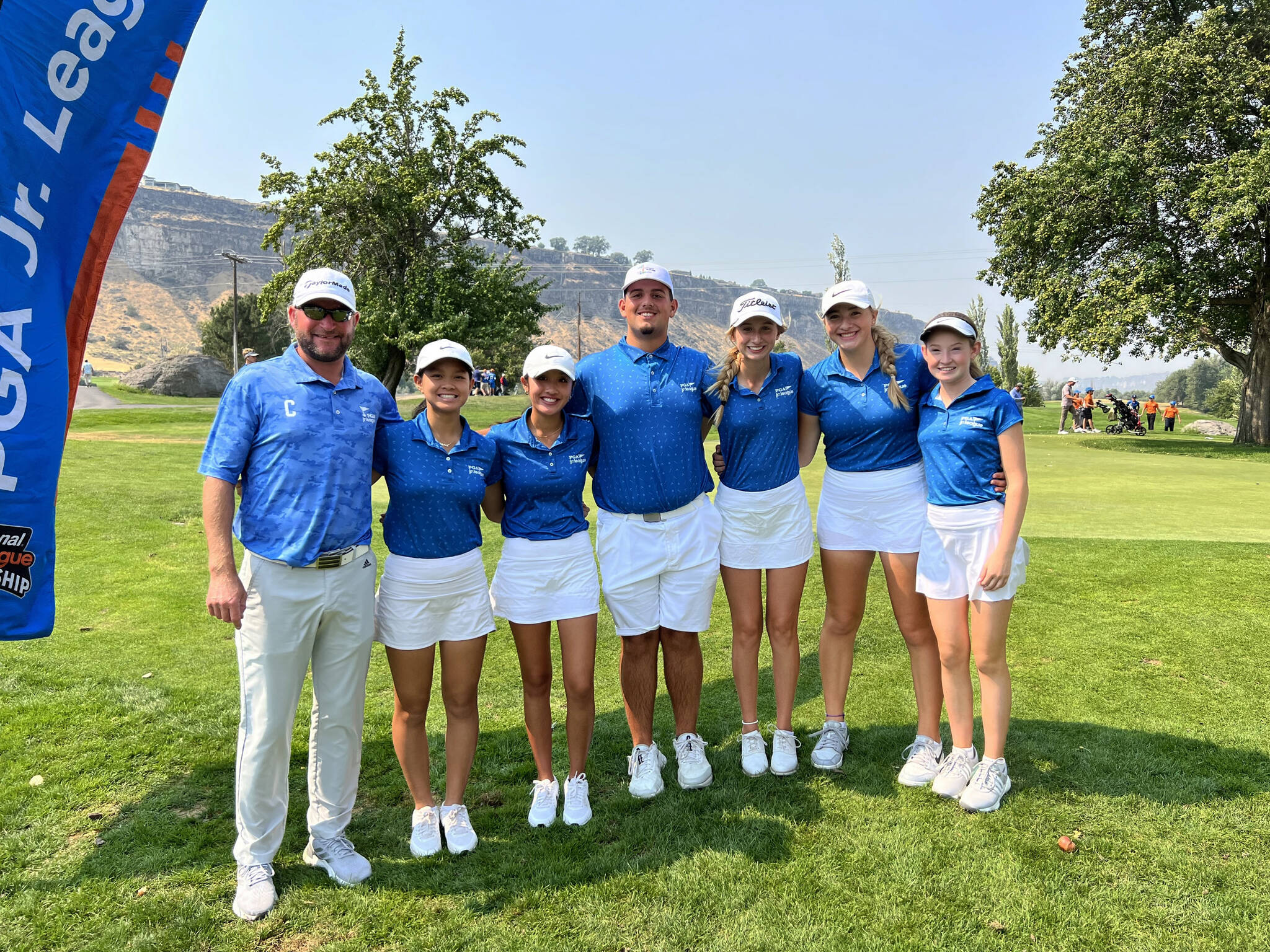 From left to right, the Meridian Valley Country Club team of Brian Thornton (assistant coach) Brianna Nguyen, Kylie Nguyen, Prisco Vacca, Lexie Mahler, Lexi Trummert and Kaitlin Ojendyk. COURTESY PHOTO, PGA Jr. League