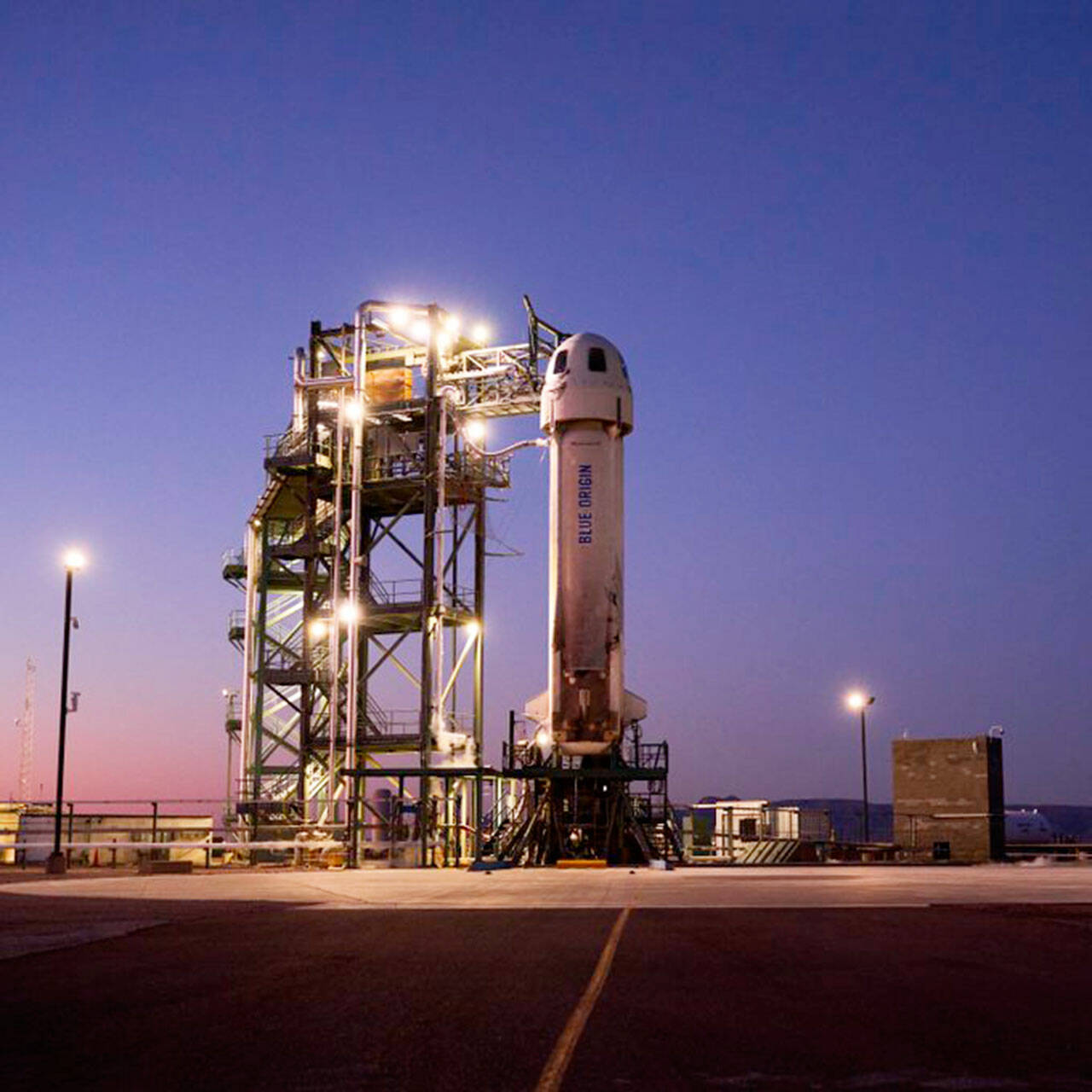Kent-based Blue Origin’s New Shepard on the launch pad Sept. 12 in West Texas going through nominal checkouts in advance of its flight to space. COURTESY PHOTO, Blue Origin