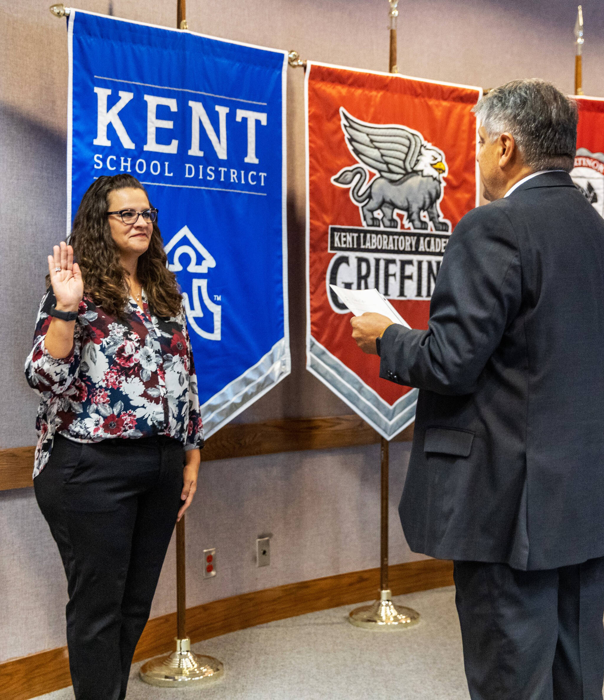 Kent School District Superintendent Israel Vela swears in new School Board member Meghin Margel on Sept. 14. COURTESY PHOTO, Kent School District