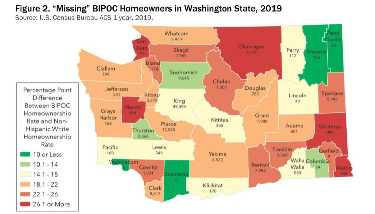 A map graph from the report shows the percentage point difference between BIPOC homeownership and non-Hispanic white homeownership rates in Washington state. Image courtesy of Homeownership Disparities Work Group.