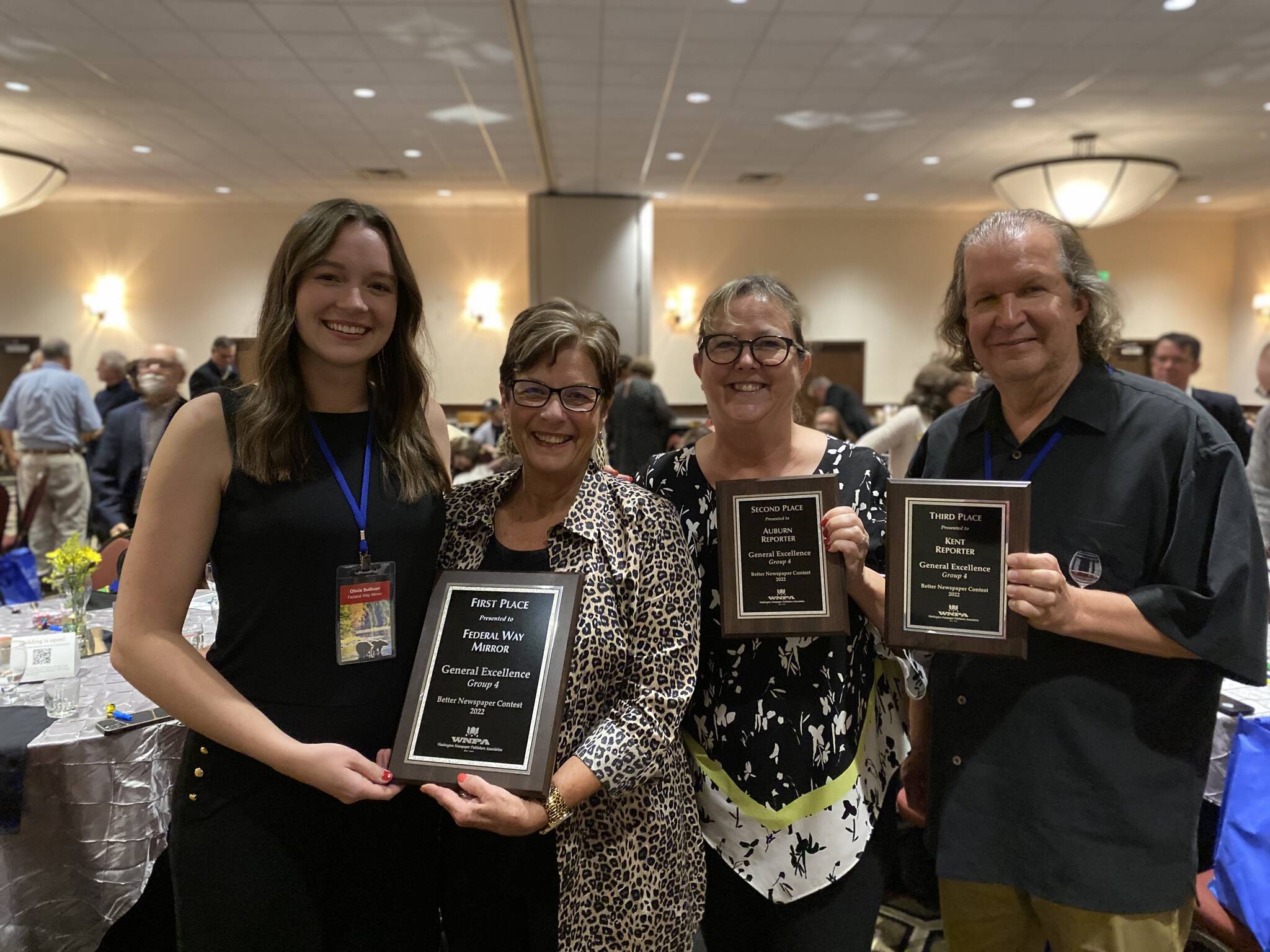 Photo by Terry Ward/Sound Publishing
From left: Assistant Editor Olivia Sullivan, Federal Way Mirror Sales Manager Cindy Ducich, Advertising Director Carol Greiling and Reporter Steve Hunter hold their General Excellence awards at the WNPA conference on Oct. 8.