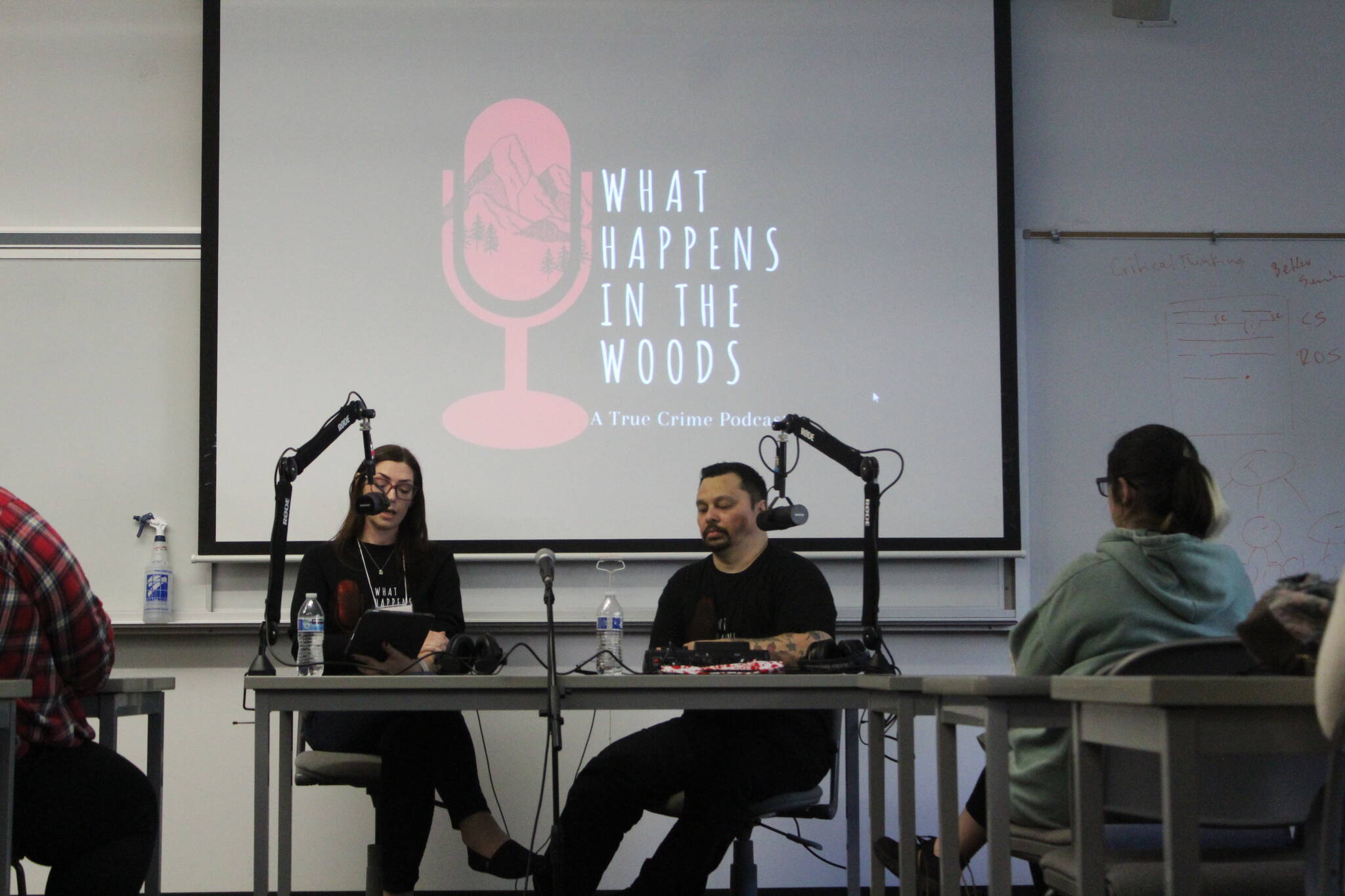 Co-hosts Jess and Brice of “What Happens In The Woods” recorded a live podcast episode about “The Jungle”, a homeless encampment in Seattle. Photo by Bailey Jo Josie/Sound Publishing.