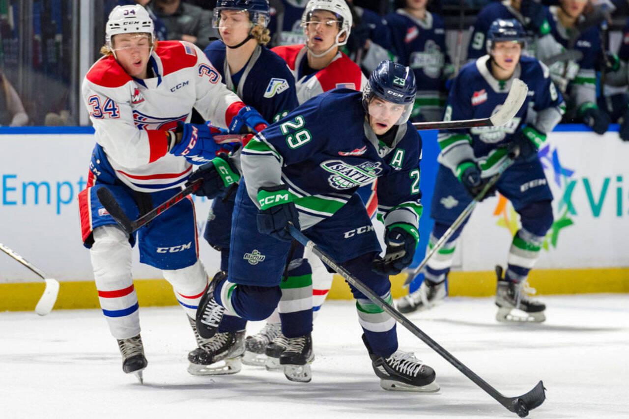 Seattle’s Jarod Davidson controls the puck against Spokane on Saturday, Oct. 22 at the ShoWare Center in Kent. COURTESY PHOTO, Brian Liesse, Seattle Thunderbirds