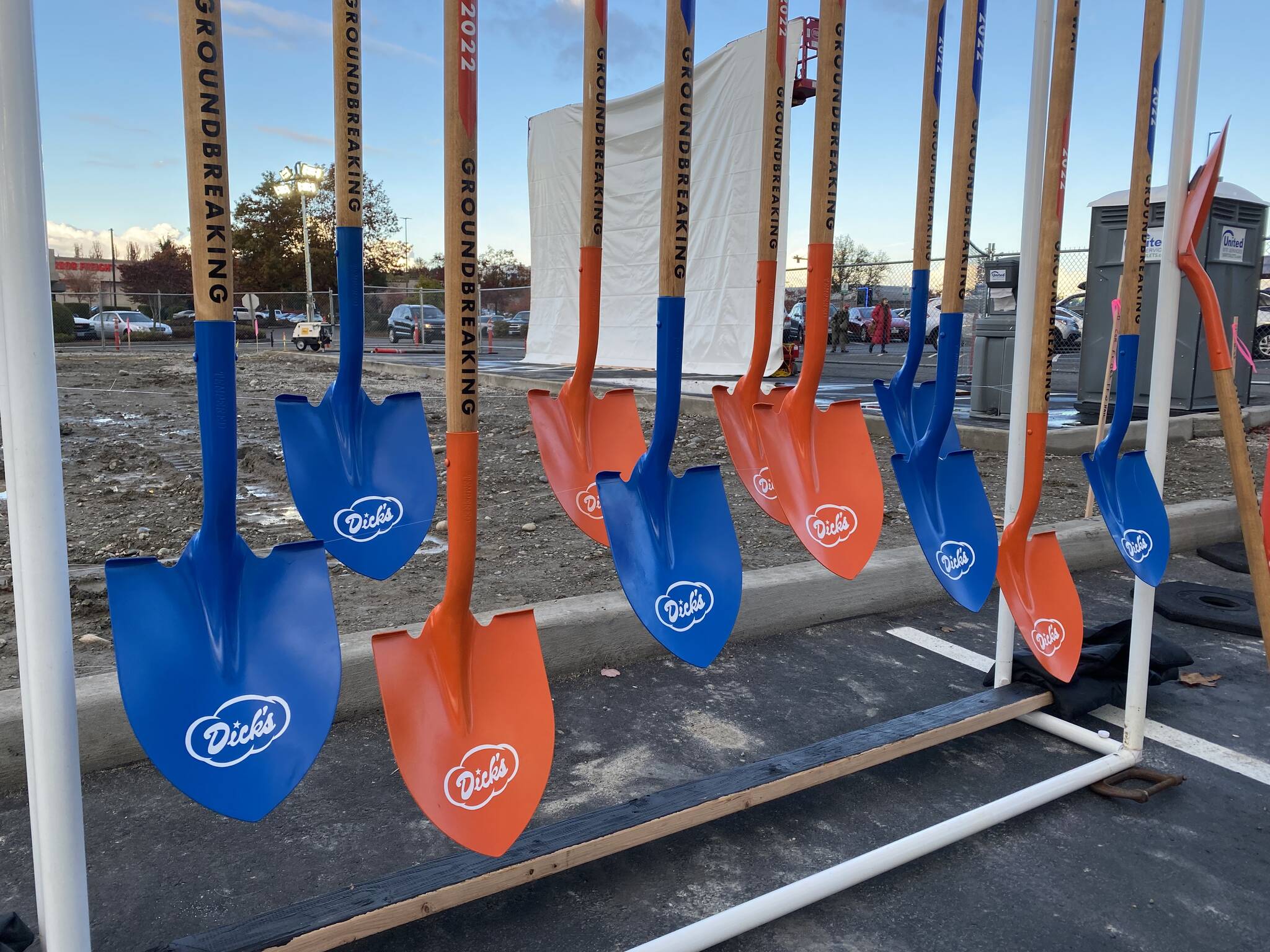 Custom shovels, designed by artist Madeline Jo, feature repurposed materials such as wood from a former car port and 3D-printed joints.