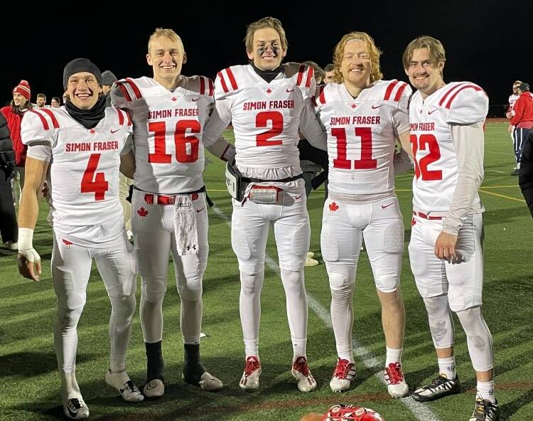 Simon Fraser QBs (16) Justin Seiber (Kentwood) and (2) Brandon Niksich (Todd Beamer) pictured with three of their receiving corps. Courtesy photo