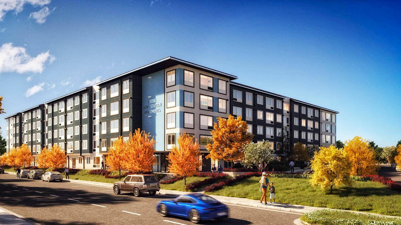 A developer plans to complete a five-story apartment complex in 2024 at 405 Novak Ave., in Kent. COURTESY RENDERING, City of Kent