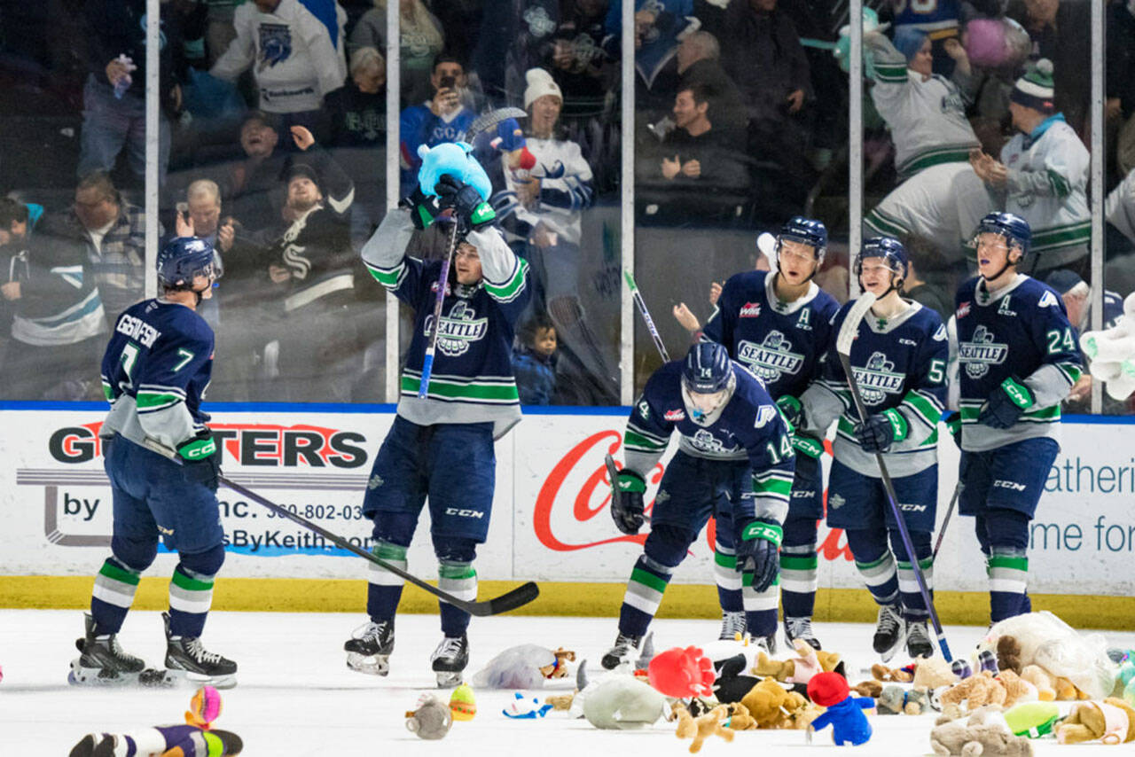 Fans tossed more than 5,000 teddy bears on the ice at the accesso ShoWare Center in Kent after the Seattle Thunderbirds scored their first goal during a Dec. 3 game against Victoria. COURTESY PHOTO, Brian Liesse Seattle Thunderbirds