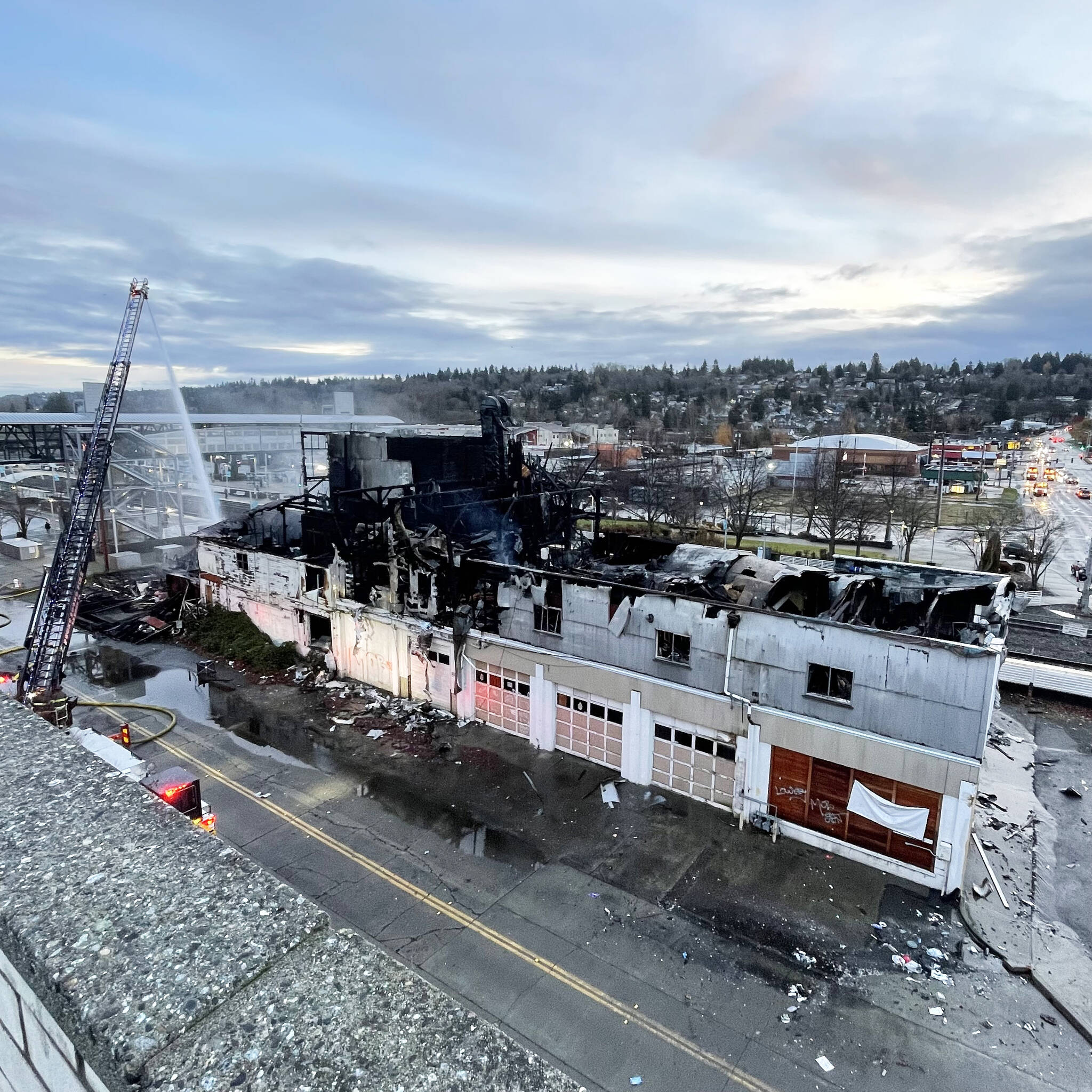 Fire destroyed a vacant warehouse early Friday morning, Dec. 9 near Kent Station. COURTESY PHOTO, Puget Sound Fire