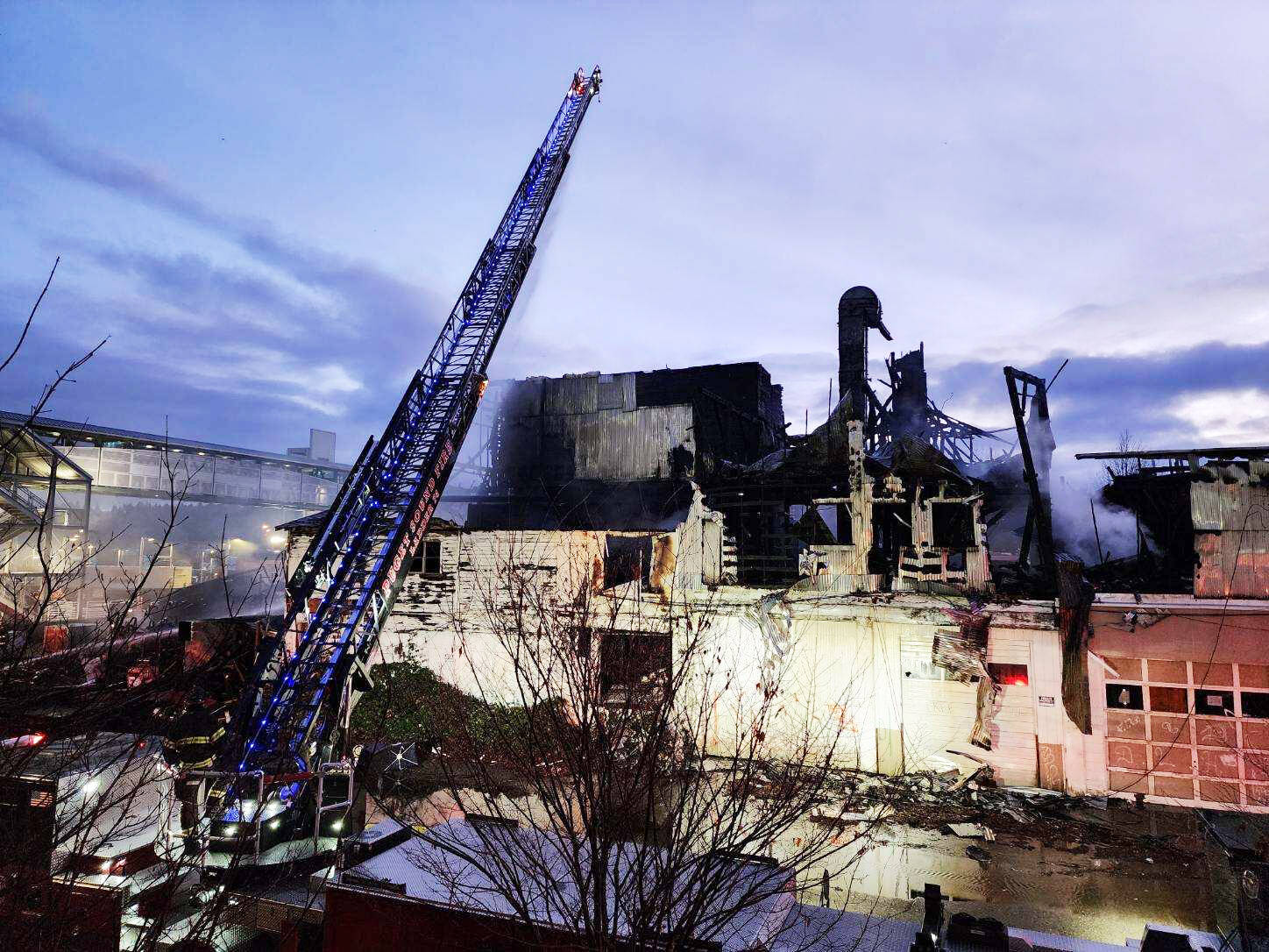 Nearly 50 firefighters responded to a Friday, Dec. 9 fire at a vacant warehouse. COURTESY PHOTO, Kent Police