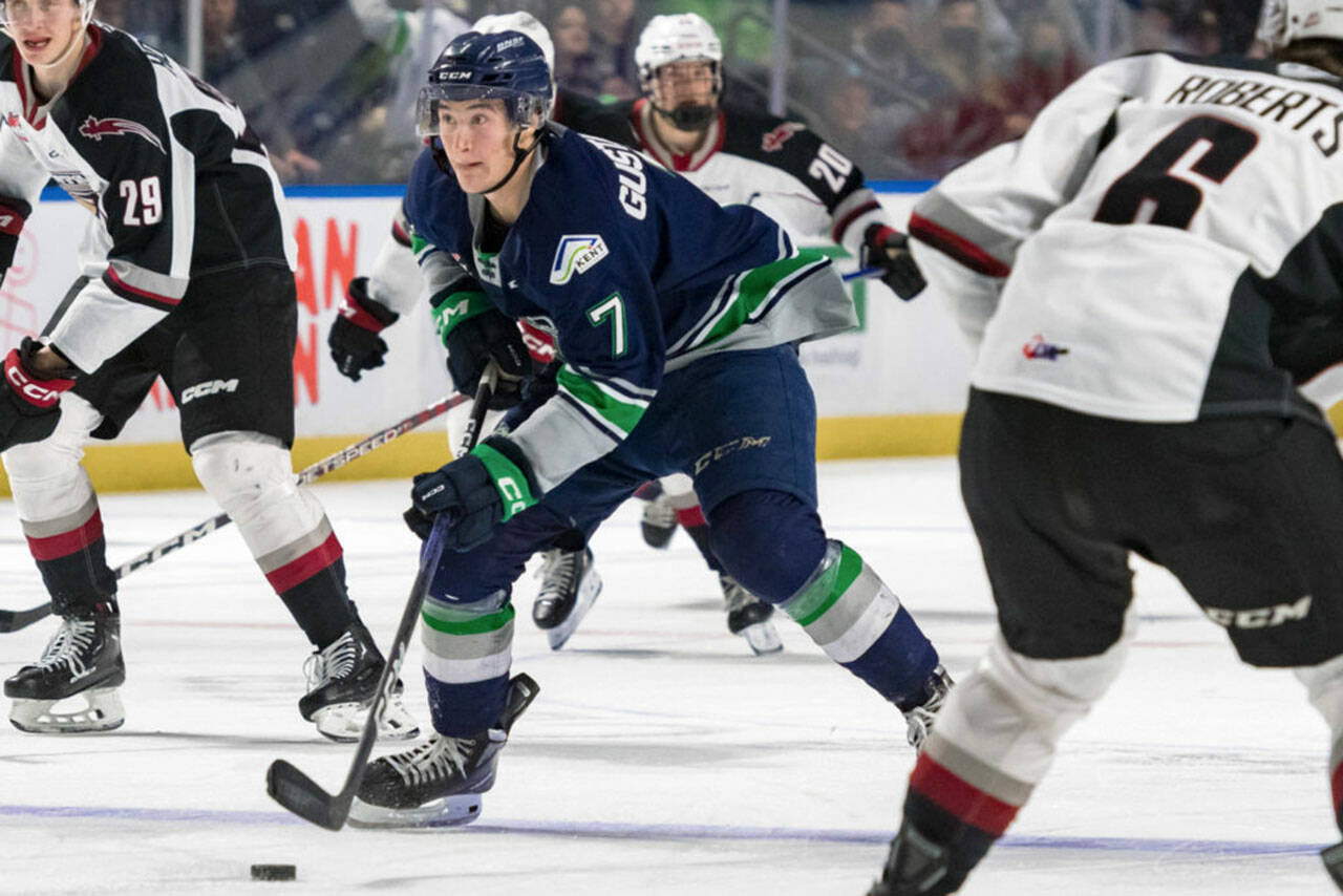 Jordan Gustafson heads down the ice for the Seattle Thunderbirds against the Vancouver Giants on Dec. 11 at the accesso ShoWare Center in Kent. COURTESY PHOTO, Brian Liesse, Seattle Thunderbirds
