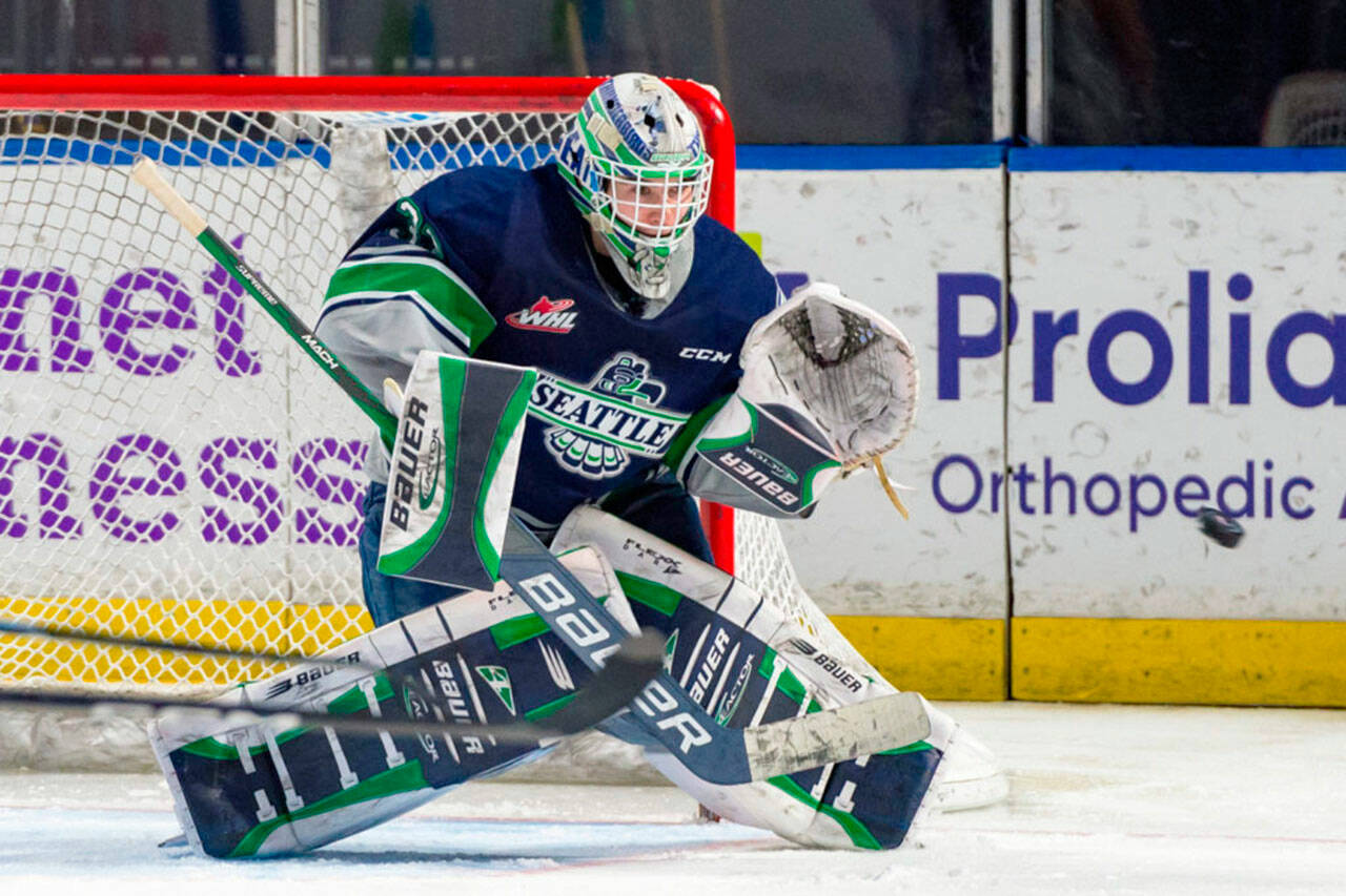 Seattle goalie Scott Ratzlaff prepares to make a save against Everett on Dec. 13 at ShoWare Center. COURTESY PHOTO, Brian Liesse, Seattle Thunderbirds