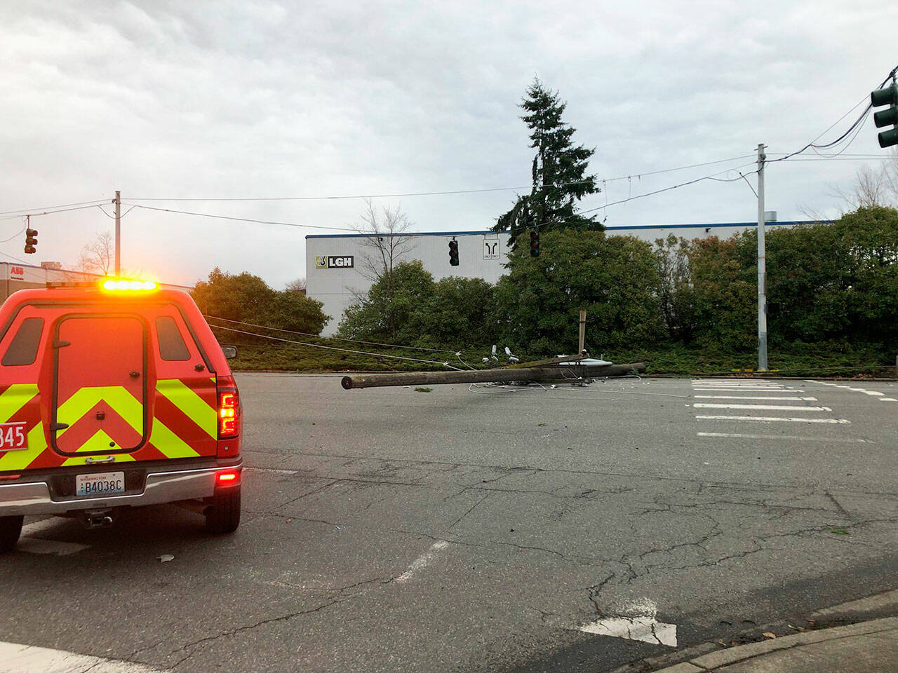 Wind knocked down a powerline Monday morning, Jan. 9 along West Valley Highway near South Todd Boulevard in Kent, just north of South 188th Street. COURTESY PHOTO, Puget Sound Fire