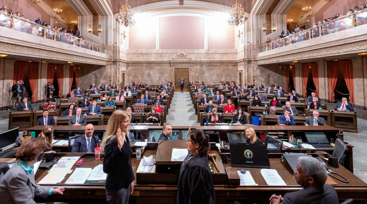 The swearing in Jan. 9 in Olympia of State Rep. Tina Orwall, D-Des Moines, as House Speaker Pro Tempore.