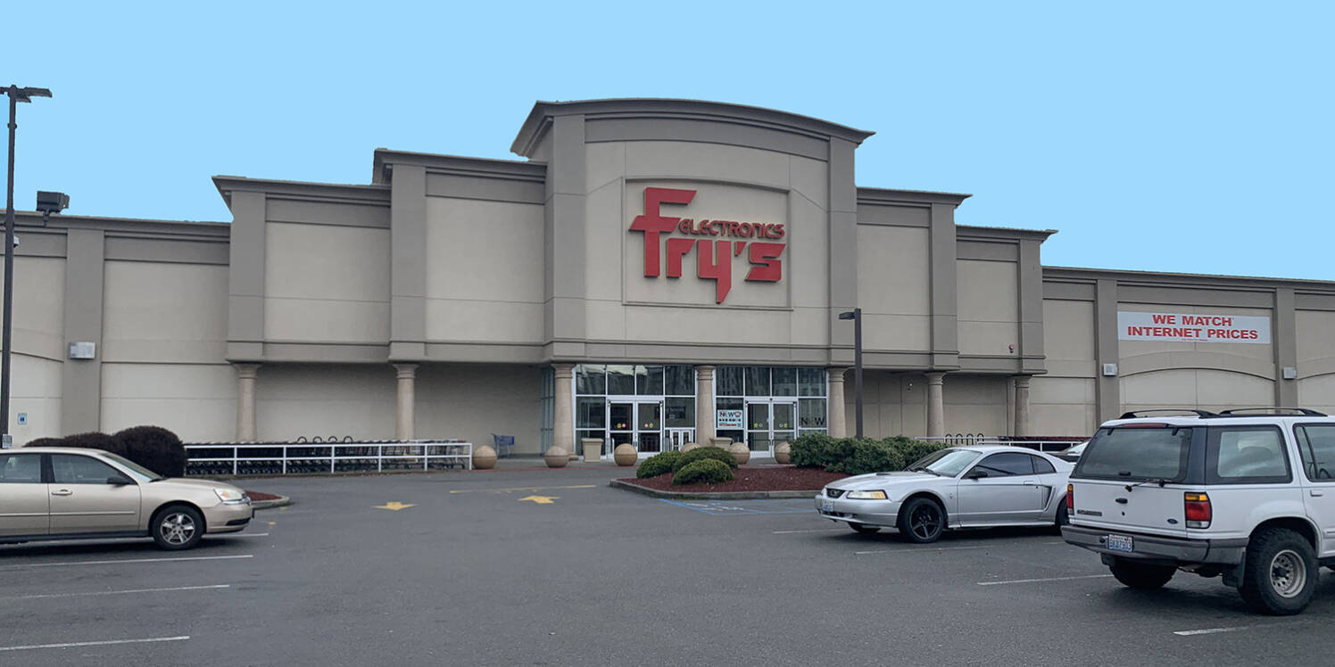 Fry’s Electronics in Renton permanently closed in 2021 and owners of the now vacant site seek to build housing and retail units over the next decade. Photo courtesy of Bay West Development