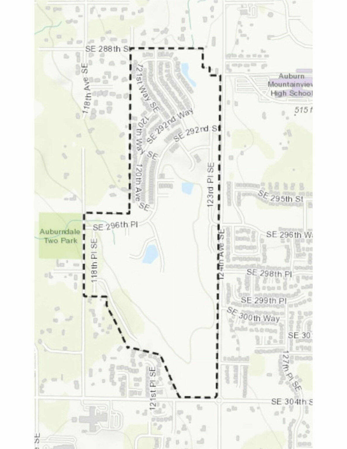 A map of the Bridges neighborhood in Kent, surrounded by property owned by the city of Auburn. COURTESY GRAPHIC, City of Kent