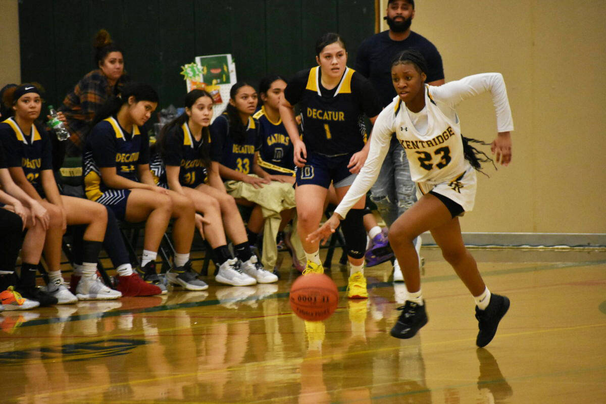 Kentridge freshman Jayla Brown takes the ball down the floor on a fast break. Photos by Ben Ray/Sound Publishing