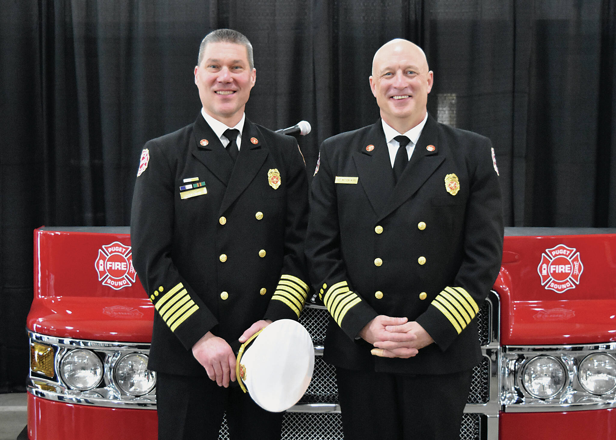 Brian Carson, left, the new Puget Sound Fire chief, and Matthew Morris, who retired as chief. COURTESY PHOTO, Puget Sound Fire