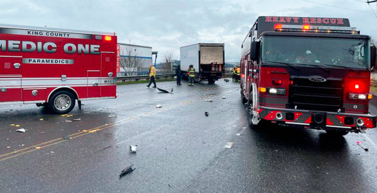 A 42-year-old woman died in a crash Feb. 5 near the West Valley Highway and South 180th Street in Tukwila, just north of the city of Kent border. COURTESY PHOTO, Puget Sound Fire