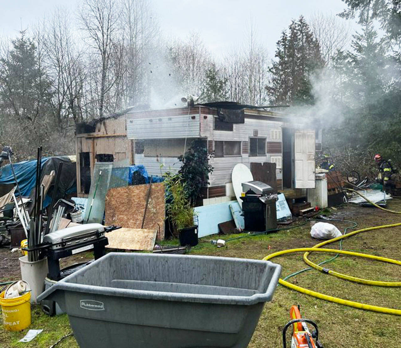 A fire at an RV Feb. 4 in Kent in the 13500 block of SE 208th Street injured a resident and a firefighter. COURTESY PHOTO, Puget Sound Fire