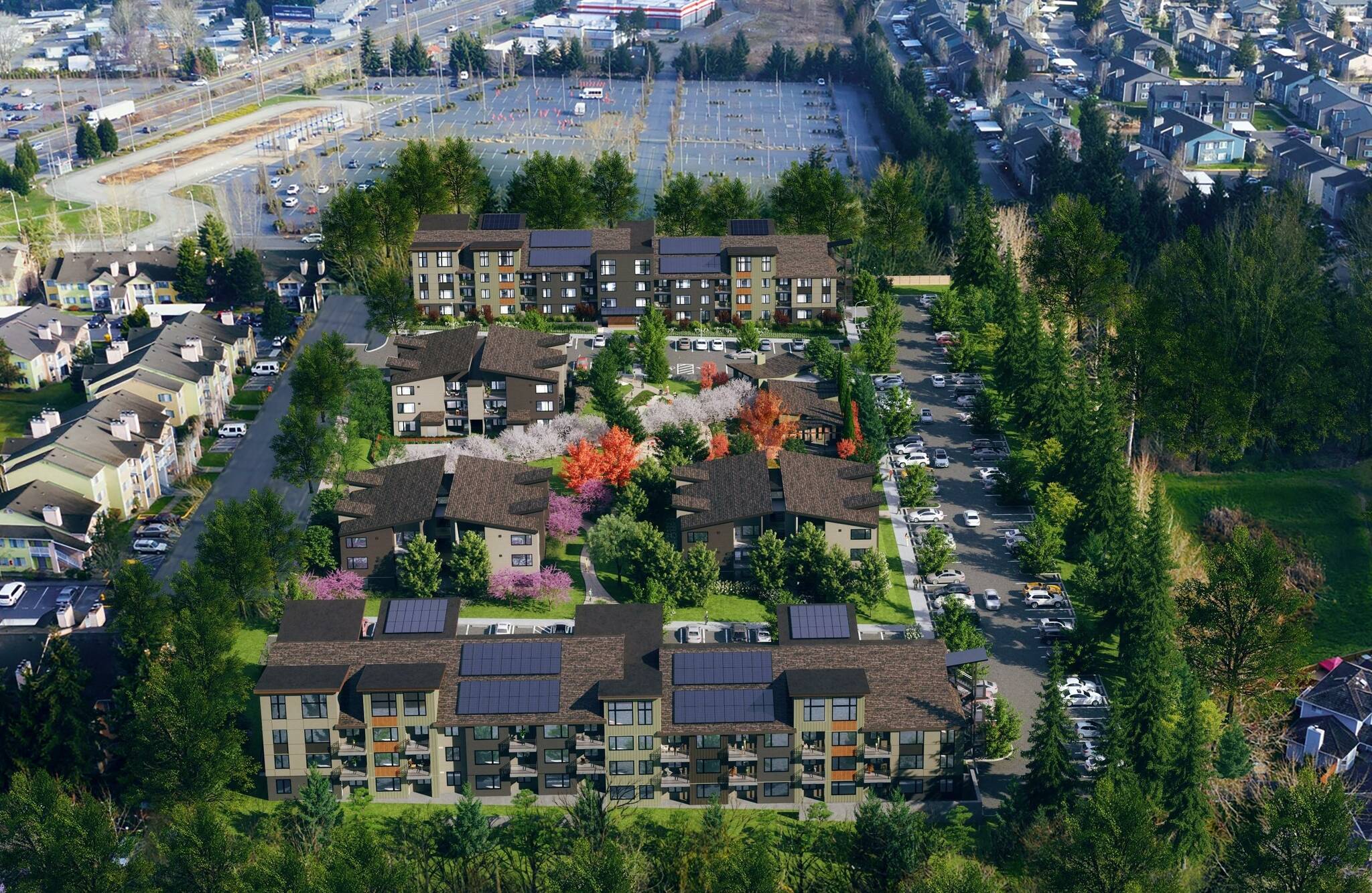 This architectural rendering by Bumgardner Architects shows the development from a bird’s eye view, with the Redondo Heights Park & Ride immediately to the north and Pacific Highway to the west.