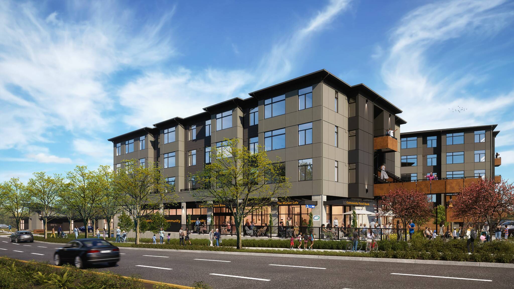 This architectural rendering by Bumgardner Architects shows what the finished Redondo Heights development might look like from the street view level.