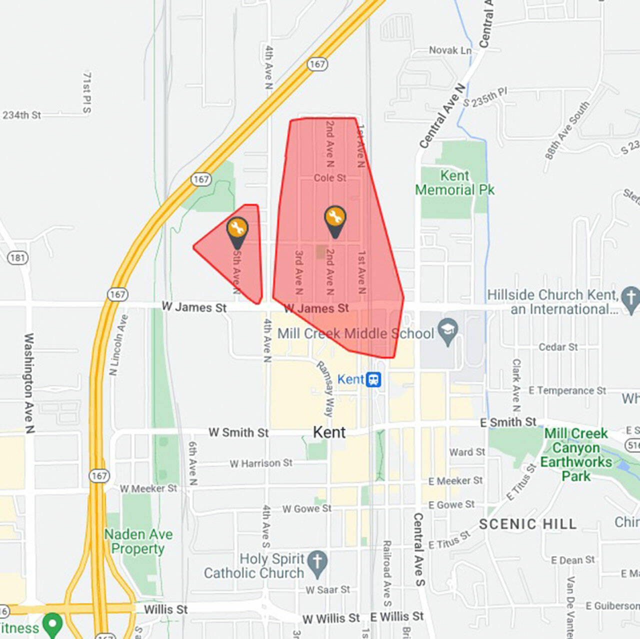 A map of the power outage Tuesday, Feb. 7 in Kent. COURTESY GRAPHIC, PSE