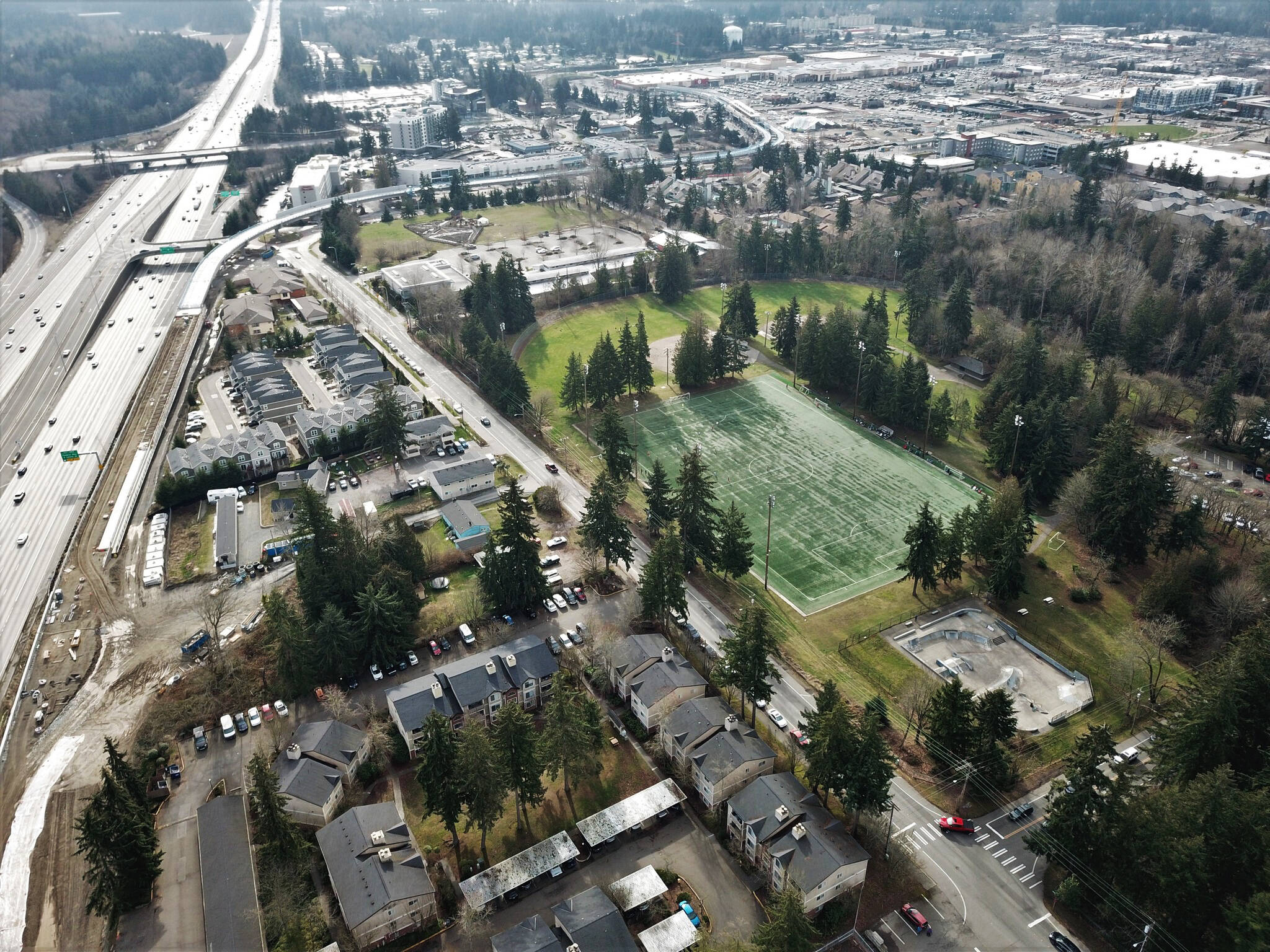 Aerial photo of the fields and skate park near Steel Lake. The Federal Way City Council is seeking to relocate the city’s maintenance facility and previously considered removing the two baseball fields and skate park, in order to create space for the facility. Photo courtesy of Bruce Honda