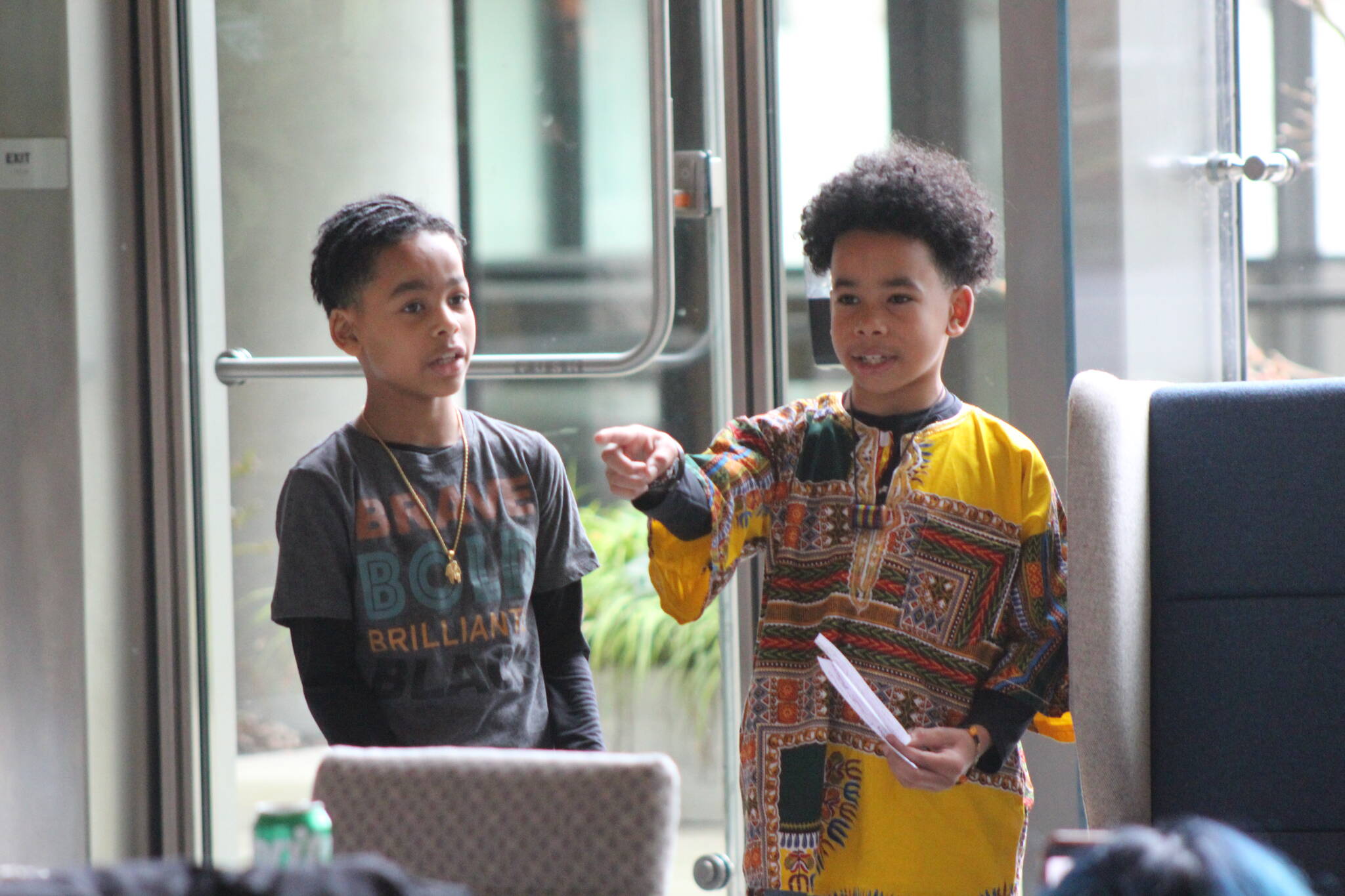 Photos by Bailey Jo Josie/Sound Publishing
Twin brothers Blaise (left) and Channing Gistarb, 9, of Sartori Elementary School recite the poem “Hey, Black Child” by Useni Eugene Perkins.